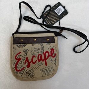 Mona B Escape Upcycled Canvas Saddle Crossbody Bag Travel Stamp NWT